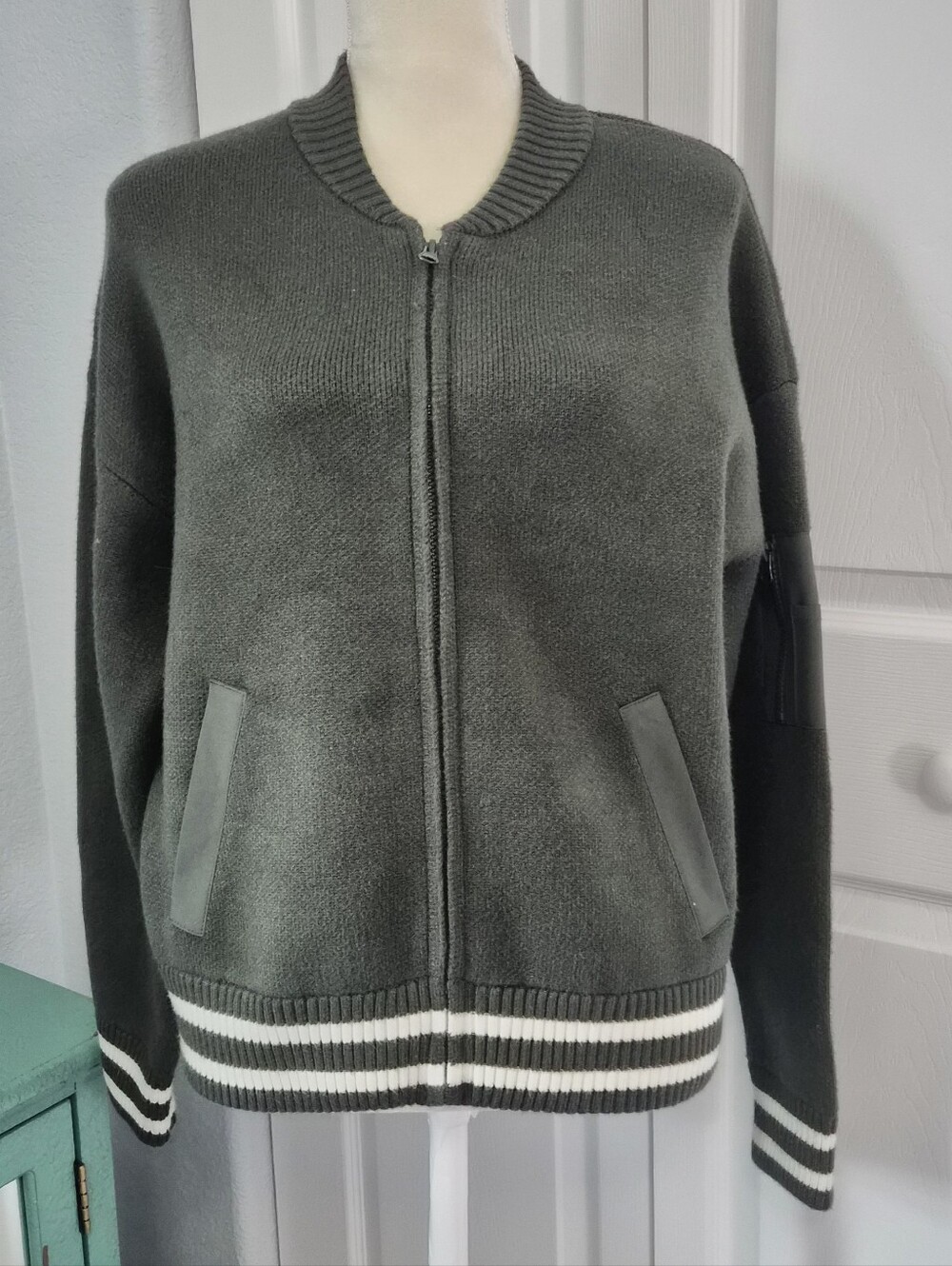 Tweeds Olive Green Knit Bomber Jacket Preppy Academia XL